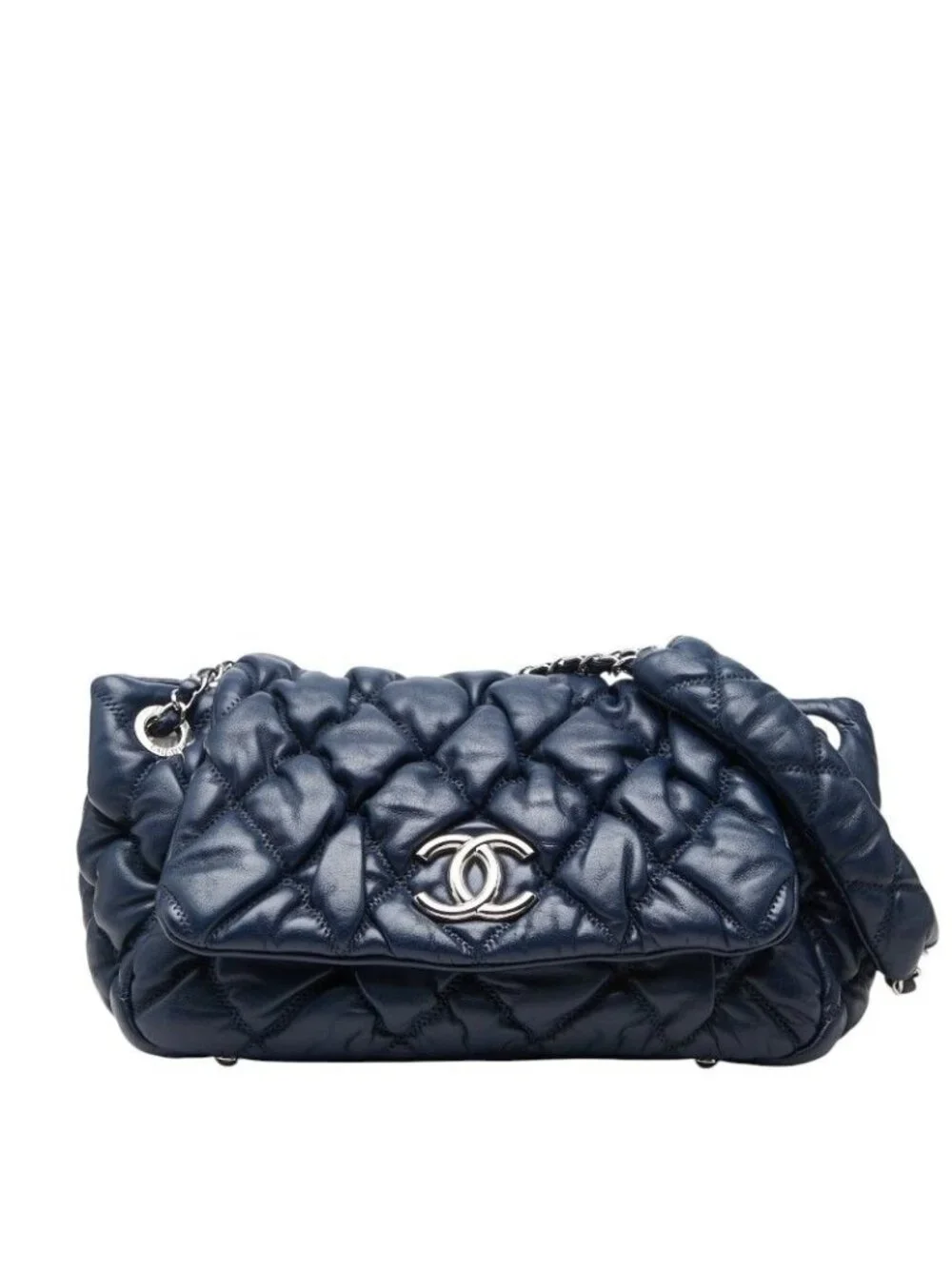 Chanel Quilted Bubble Quilt CC Logo Chain Shoulder Bag Navy Lambskin